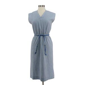 Vintage 70s Connections Blue Striped Cotton Sleeveless Belted Shift Dress Size M